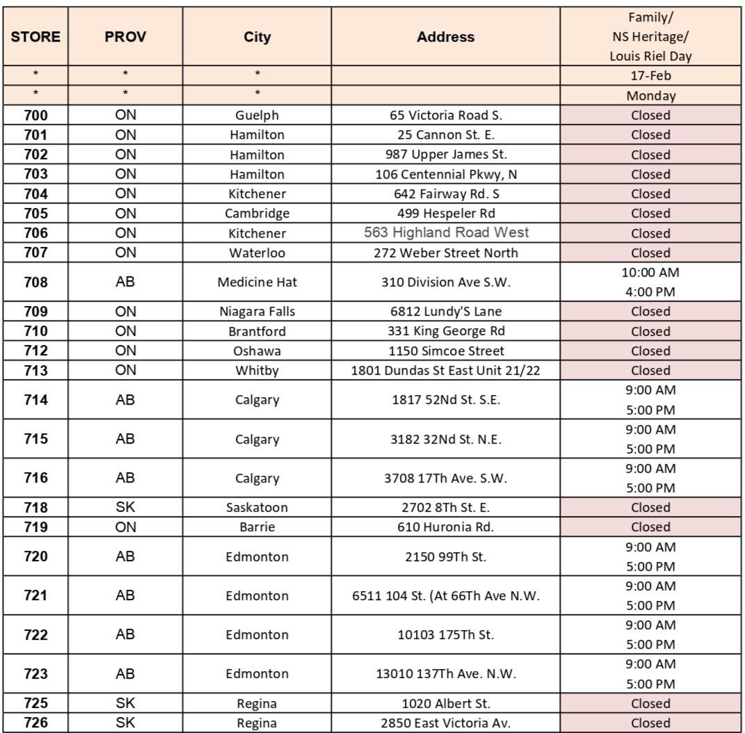Family Day Store Hours Feb 17, 2025